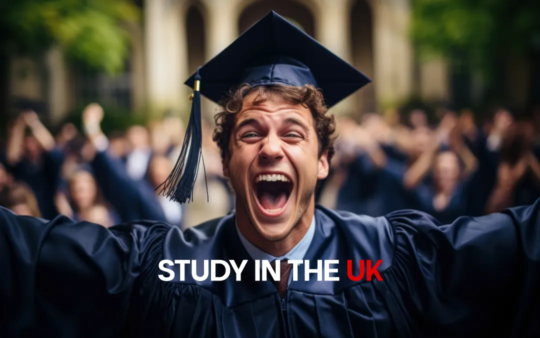 Happy student raising degree, Study in the UK banner image