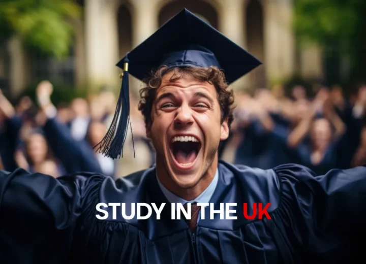 Happy student raising degree, Study in the UK banner image